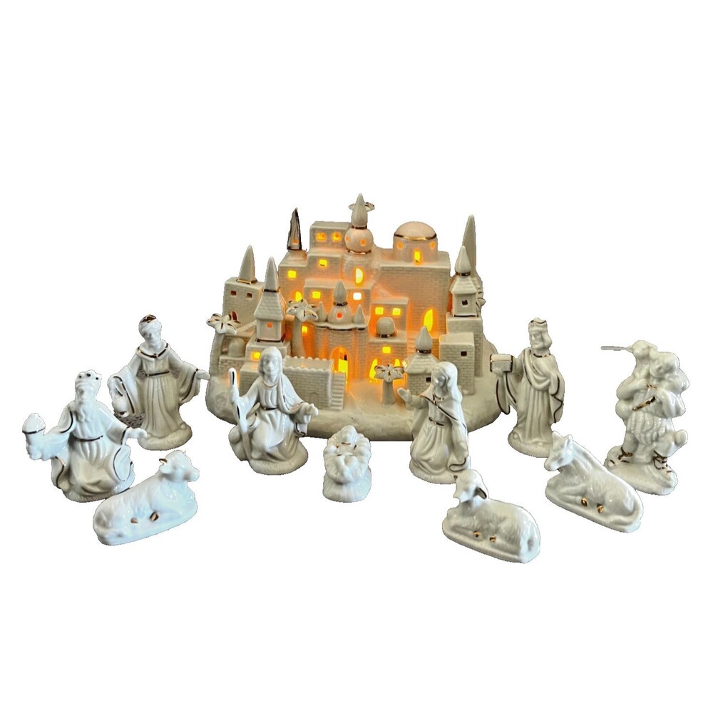 Vtg 11pc Nativity Set Bethlehem Jerusalem Lighted Village International Bazaar
